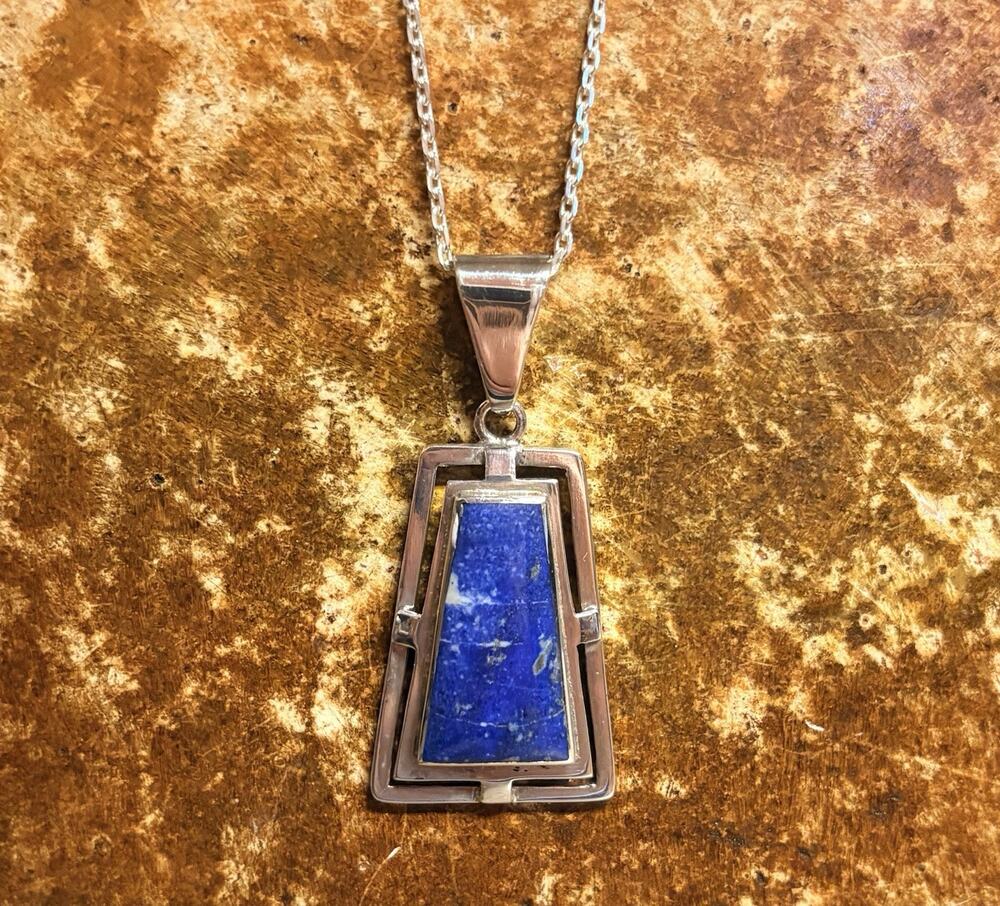 950 Silver & Lapis Trapezoid Pendant on Sterling Silver 19 In. Oval Linked Chain